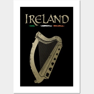 Ireland flag and harp with clovers Posters and Art